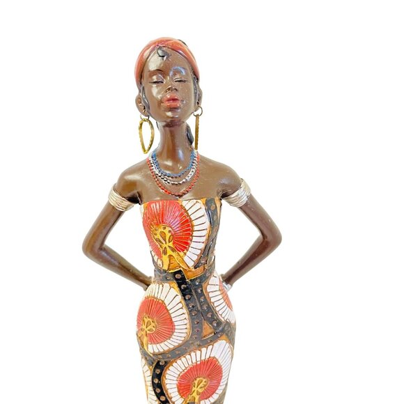 Handcrafted African Woman Figurine Wearing Traditional Print Dress 15" x 3 1/8" - Picture 4 of 7